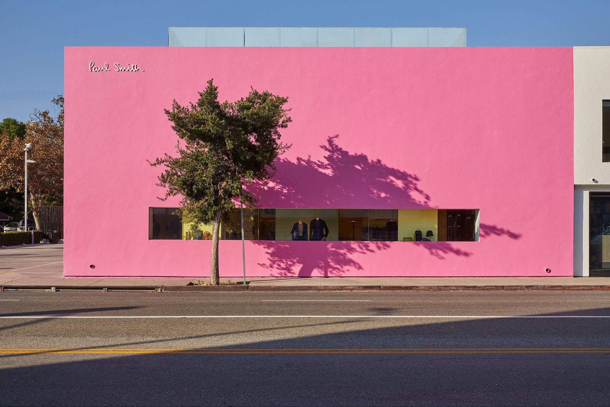 The iconic Paul Smith Pink Wall at 8221 Melrose Ave, Los Angeles